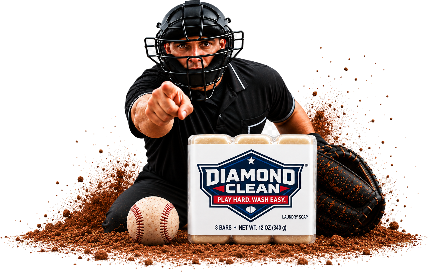 Baseball umpire calling out tough stains beside Diamond Clean laundry soap